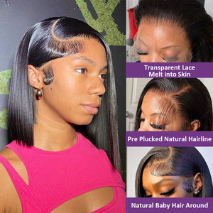 Pelucas Bob con Frente <span class=keywords><strong>de</strong></span> Encaje Transparente Sin Pegamento, Cabello Humano Remy Peruano <span class=keywords><strong>de</strong></span> Doble Trama para Mujeres - Product Image 4