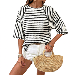 <b>Women</b> Eco-Friendly Polyester Striped <b>Loose</b> Fit T <b>Shirt</b> Crew Neck Short Sleeve Knitted Pullover Casual Summer Tee - Product Image 4