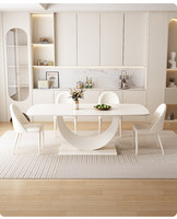 Table à manger moderne de luxe en pierre frittée carrée, 6-8 places, plateau effet marbre blanc brillant, durable, multifonctionnelle, design unique et courbé