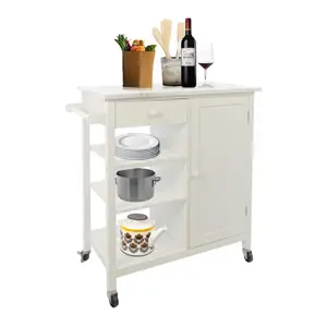 Carro de almacenamiento de cocina de 4 capas, carrito de comedor, mesa de mármol con soporte para cajón, color blanco