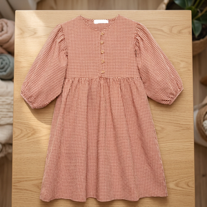Girls <b>Red</b> <b>Gingham</b> Regular Sleeve Beach Silhouette Mid-Calf V-neck Button Eco-Friendly Casual Summer Style Cotton Dress - Product Image 3