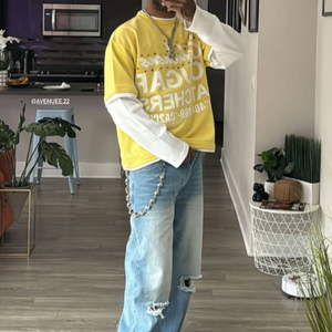 Camiseta de manga larga de doble capa con diamantes de imitación y hombros caídos de peso pesado 100% algodón personalizada - Product Image 2