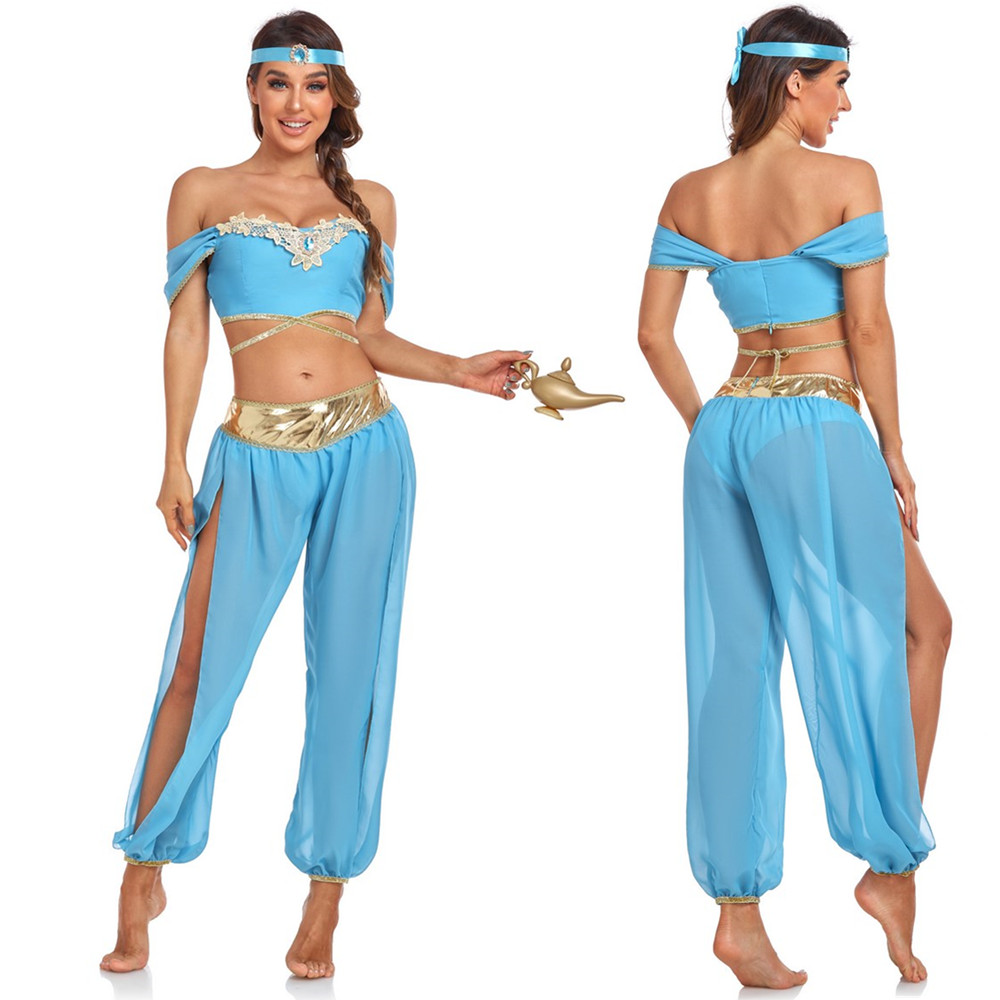 2023 Novo Aladin e A Lâmpada Mágica Princesa Jasmine Cosplay Traje Adulto Festa de Carnaval Fancy Dress Up Trajes de Halloween