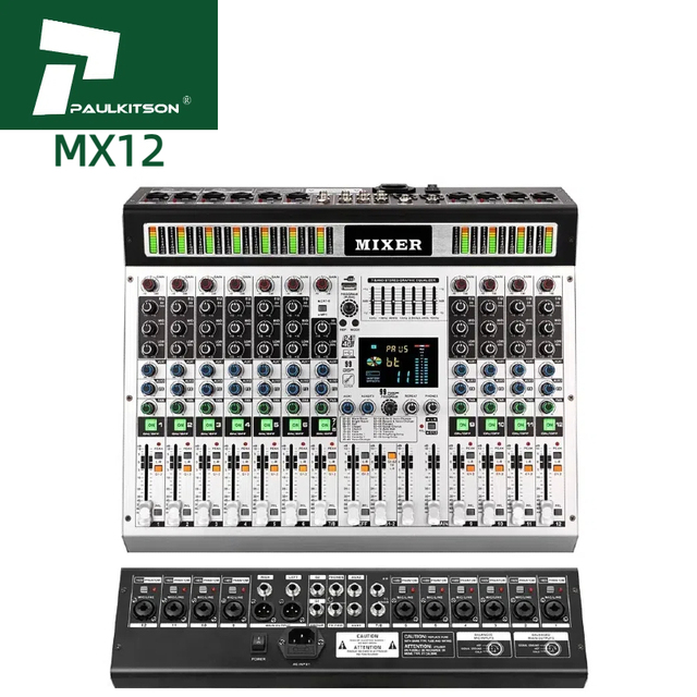 Paulkitson MX12 Professional Audio DJ Controller Mixer 12-Channel Digital Console Built-In 99 DSP Effects Bluetooth 5.0 Metal