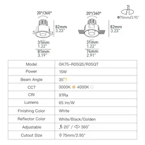 XRZLux15W調整可能なアンチグレア天井埋め込み式スポットライトアルミニウムLEDダウンライトCOBETLダウンライトホームホテル照明用