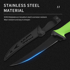 سكين فيليه لصيد الأسماك بشفرات من الفولاذ المقاوم للصدأ وطلاء أسود، مع غمد بلاستيكي مصبوب، مثالي لصيد الأسماك في المياه المالحة والصيد البري - Product Image 3