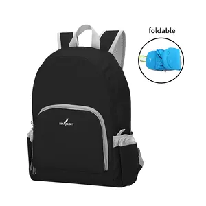 Tas punggung portabel warna hitam dan biru, tas ransel perjalanan lipat tahan aus, harga menarik