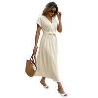 Robe longue unie à col en V avec manches à volants couleur abricot pour soirée, disponible en plusieurs tailles (ODM)