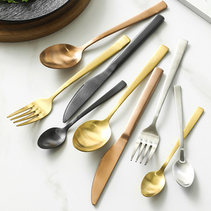 Shiny-Jh Stainless Steel Cutlery Set 4 Piece Gold Black Knife Fork Spoon Brushed <b>Sandblasted</b> Dinnerware - Product Image 1