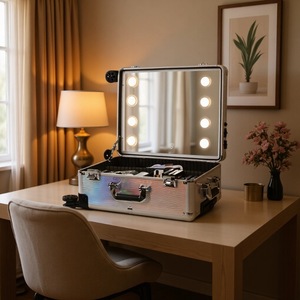 Valise de Maquillage Professionnelle Grande Capacité à Roulettes Universelles Noire Rayures Argentées Irisées avec Lumières Printemps 2025 - Product Image 3