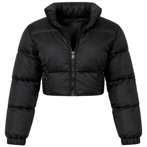 Black Hooded Solid Knitted Cropped Puffer Jacket <b>Women</b> Zip-Up Bomber <b>Coat</b> <b>for</b> Casual <b>Spring</b> Winter Wear - Product Image 1