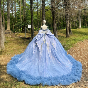 Robe de soirée longue moderne et élégante bleue, style robe de bal, en <span class=keywords><strong>dentelle</strong></span>, avec sequins et perles, pour Quinceañera, fabriquée aux États-Unis - Product Image 2