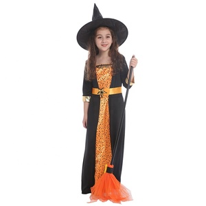 Vestito scintillante della <span class=keywords><strong>ragazza</strong></span> della strega del Costume della strega della <span class=keywords><strong>ragazza</strong></span> di <span class=keywords><strong>Halloween</strong></span> con la scena festiva della zucca - Product Image 1