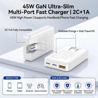 Pengisi Daya Ultra-tipis HNT Factory 45W 3 Port 45W GaN Dual C+ dengan Colokan US/EU/UK/AU untuk iPhone Samsung S25 S24 S23 S22