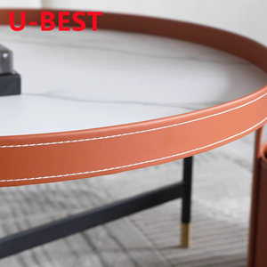 Table Basse U-BEST Nordic Light Luxury en Cuir et Marbre, Style Italien Créatif, Petite Table d'Appoint Rétro avec Surface en Marbre et Piétement Doré - Product Image 6
