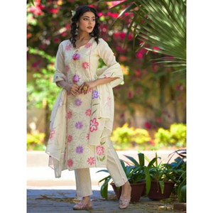 Costume en coton blanc pour femmes, léger et respirant, Kurti avec pantalon, disponible à la vente en gros - Product Image 1