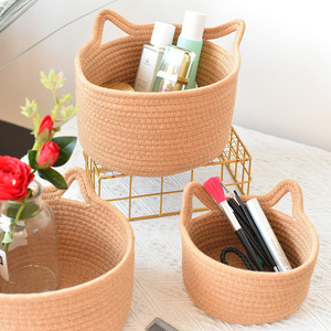 Handmade Woven Cat Ear Storage <b>Basket</b> Round 1-3L Desktop Organizer For Toys And Cosmetics - Product Image 1