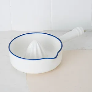 Simple design porcelain kitchenware hand orange juicer blue line hand painted white ceramic lemon juicer with handle