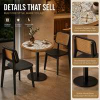 Ensemble de table de café avec plateau en mosaïque céramique ronde, chaises à dossier en rotin, base sur piétement, mobilier pour hôtel, restaurant, bistrot