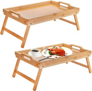 2 Pack Bamboo Foldable Breakfast <strong>Table</strong> <strong>Bed</strong> <strong>Tray</strong> <strong>Table</strong> with Legs Serving <strong>Tray</strong> with Handles - Product Image 1