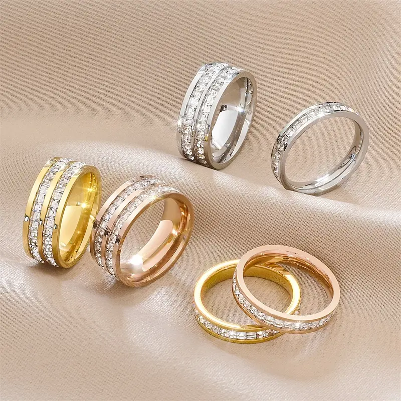 خاتم ألماس من الفولاذ المقاوم للصدأ ، زوج من حجر الراين الكريستالي ، مجوهرات عصرية بأصابع