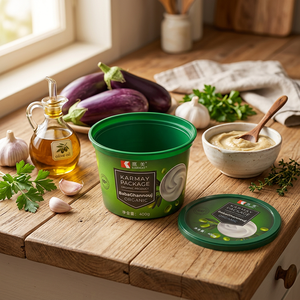 KARMAY BabaGhanouj Organic 400g 2OZ <b>Food</b> Grade <b>Plastic</b> <b>Container</b> Cylinder Shape PP Material IML Printing - Product Image 1