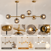 Luminaire suspendu moderne en verre à six globes dorés pour salle à manger, îlot de cuisine, salon, boutique, espace de détente