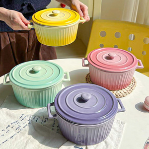 Olla de cerámica con doble asa para sopa, gran capacidad, color degradado, apta para microondas, para uso doméstico. - Product Image 1