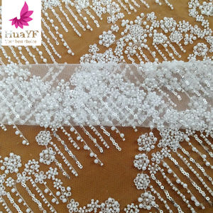 HY3046 Último <span class=keywords><strong>Blanco</strong></span> Trabajo Pesado 3D Perlas Con Cuentas Encaje Boda Nupcial Con Lentejuelas Tela Africana Al Por Mayor - Product Image 4