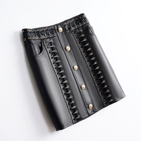 3401 European Style Women New Design Real Leather Skirt Single Breasted Black Sexy Tight Leather Skirts
