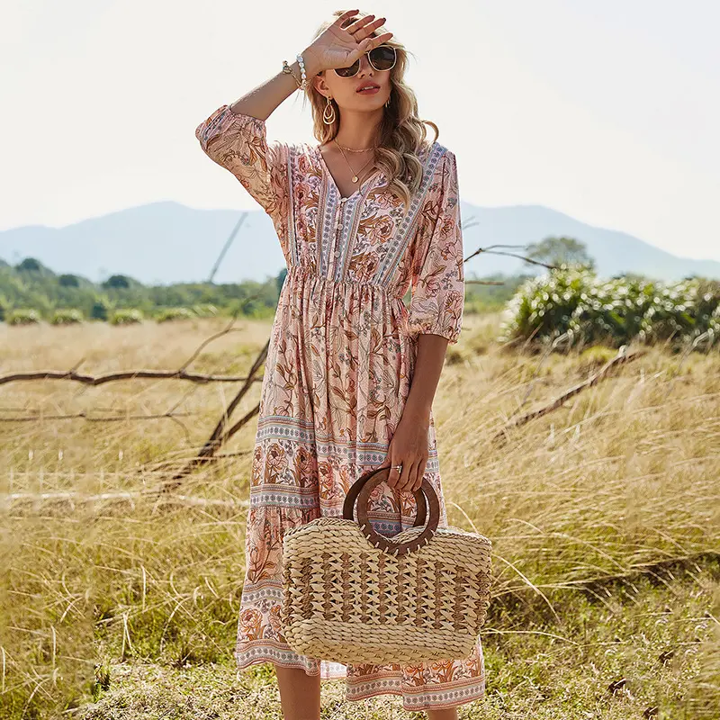 Vestido largo bohemio Floral para mujer, ropa informal de moda de verano 2021