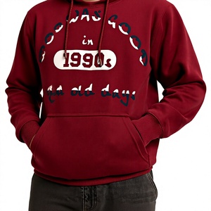 เสื้อฮู้ดดี้สีแดงเลือดหมูสำหรับผู้ชาย พิมพ์ลายสไตล์ย้อนยุคยุค 90s ผ้าฝ้ายเฟรนช์เทอร์รี่ ทรงปกติ สวมใส่สบายในฤดูใบไม้ร่วง - Product Image 6
