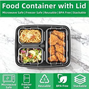 Boîtes à lunch en plastique micro-ondables de 1000 ml, jetables, à 3 compartiments, pour la préparation des repas et le stockage des aliments - Product Image 4