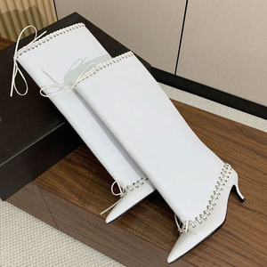 Metal Holes Decor Women Front Bow Long <b>Boots</b> Low Heels Pointed Toe Knee High Booties Pleated Loose Upper on Shoes - Product Image 3