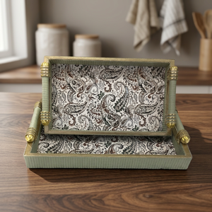 Bandeja Rectangular Dorada con Asa y Diseño Floral en el Interior, Bandeja de Cuero Sintético para Servir, Decorativa de MDF - Product Image 3
