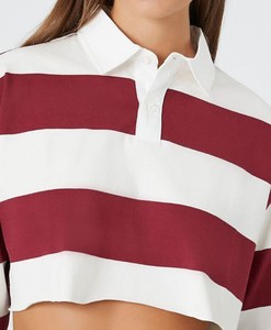 Broderie personnalisée Oversize Épaules tombantes Rouge et Blanc Rayures Contrastées Polos Chemise <span class=keywords><strong>Rugby</strong></span> Courte pour <span class=keywords><strong>Femme</strong></span> - Product Image 2