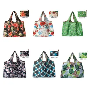 hot sale folding foldable beach polyester 210D nylon tote bag grocery reusable T-shirt shopping bag