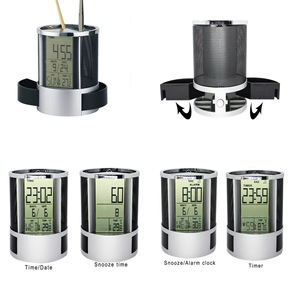 Stainless Steel Mesh Electronic Pen Holder <b>Clock</b> With <b>Digital</b> Calendar And Temperature Display For Office <b>Desk</b> Use - Product Image 3