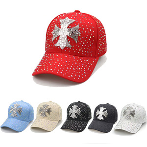 Nuovo Cappellino da Baseball da Donna Vintage con Strass Sparsi, a 6 Pannelli, in Tela, Regolabile - Casual, per Esterni, Protezione Solare, Traspirante - Product Image 1