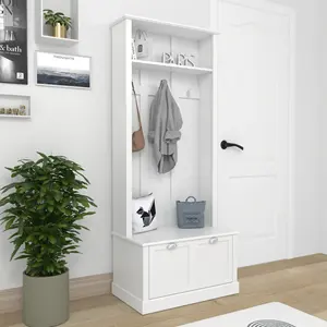 Multifunctional white free standing entryway bedroom bench MDF Wooden Clothes Coat Rack With Drawer