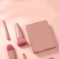 Kuas Kosmetik Mini 5pcs Logo Kustom, Set Kuas Make Up Ukuran Travel dengan Cermin, Kuas Blush