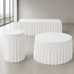Wholesale White Custom Shape Spandex Hospitality <b>Tablecloth</b> with Gathered Skirt <b>for</b> Hotel Banquet and Linen Rental Projects - Product Image 1