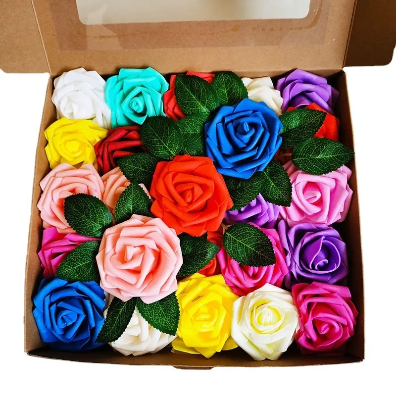 25pcs 3.1 inch DIY Artificial Flowers Foam Rose with Stem and Leaves for Wedding Valentines's Gift