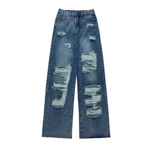 Rip Jeans กางเกงยีนส์ทรงหลวมสำหรับผู้หญิง,กางเกงยีนส์ทรงหลวมสำหรับผู้หญิงกางเกงยีนส์สตรีกางเกงขากว้าง