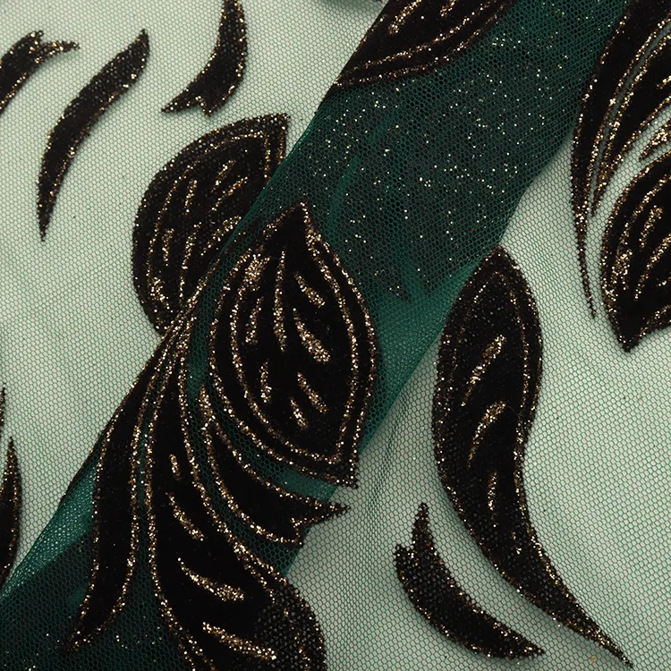 Các Thiết Kế Mới Nhất Của Vàng-Viền Đen Lá Vá Màu Xanh Lá Cây In Vải Tuyn Vải 100% Polyester Tiệc Váy Cưới Vải