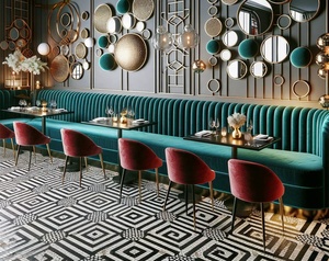 Cao trở lại màu xanh lá cây Dài Nhà hàng ghế sofa với phần còn lại ánh sáng sang trọng bánh pizza thức ăn nhanh nhà hàng vuông bàn ăn và ghế - Product Image 5