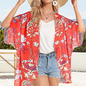 Cardigan <span class=keywords><strong>Kimono</strong></span> con maniche a bolle con stampa floreale da <span class=keywords><strong>donna</strong></span> con copertina ampia <span class=keywords><strong>camicia</strong></span> Casual Top - Product Image 1