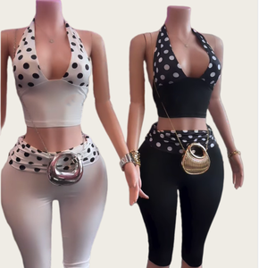 Viviblook J26ST130 Ensemble d'été pour femme, débardeur dos nu à bretelles, imprimé à pois, pantalon court plissé taille haute, ensemble deux pièces - Product Image 1