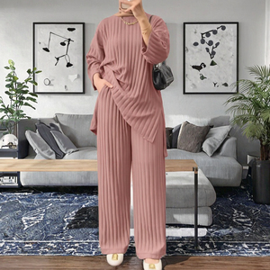 JNH女性用カジュアルアラビアトップパンツセット無地イスラムイスラム教徒控えめ長袖ワイド脚通気性ポリエステルエンボス加工 - Product Image 3