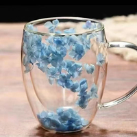 Mug à café en verre à double paroi réutilisable de 250 ml/350 ml avec poignée, design fleurs séchées, pour la maison et le bureau